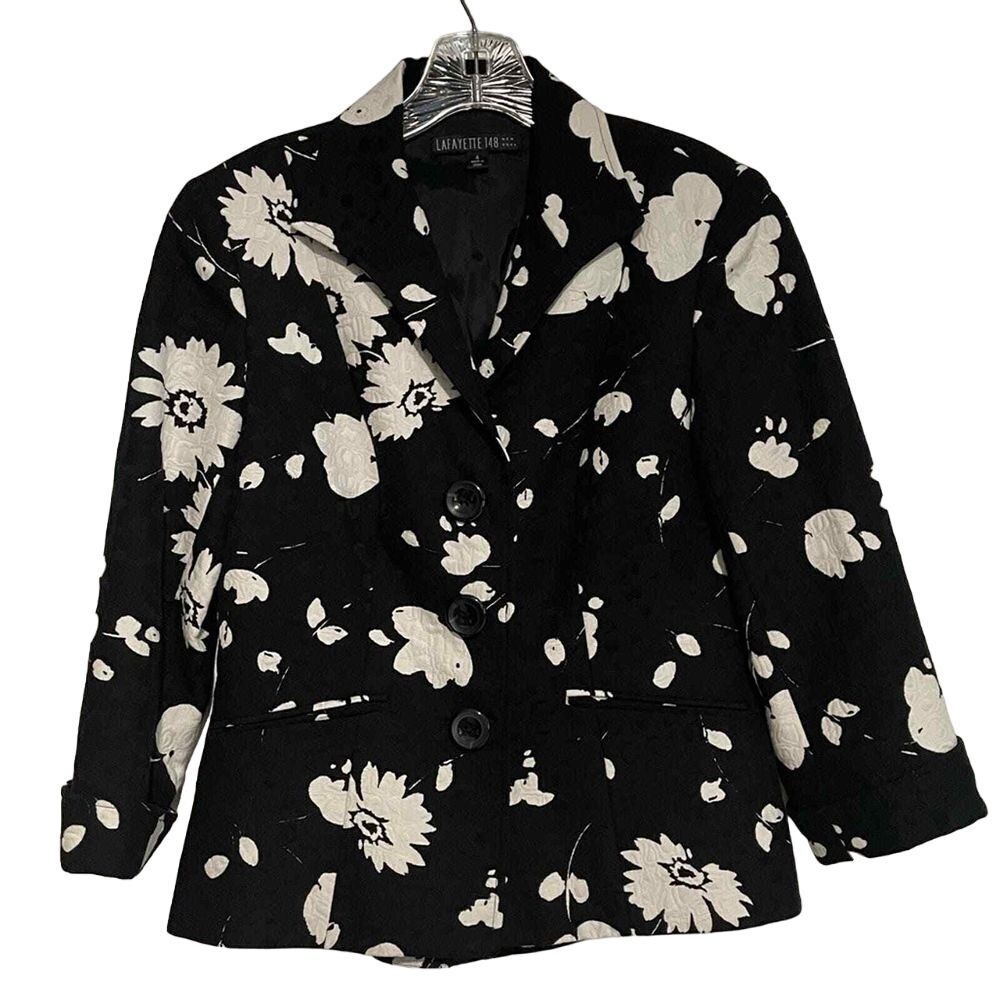 Lafayette 148 Floral Blazer Jacket Black White Career Office Size 4